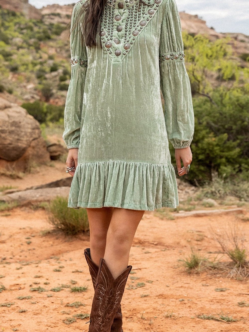 Double D Ranch “Sulphur Springs” Boho Embellished Velvet Mini Dress Small